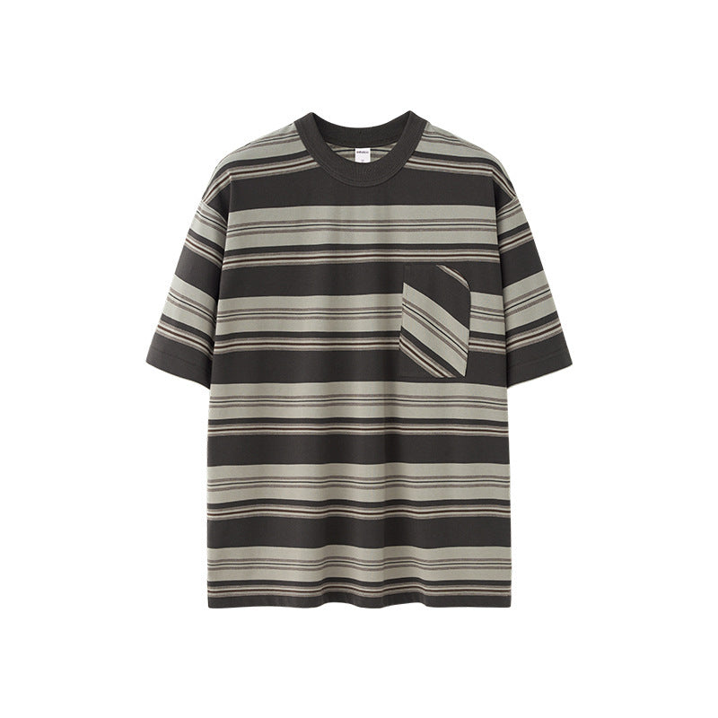 Striped Pocket T-shirt American Style Loose Short Sleeve