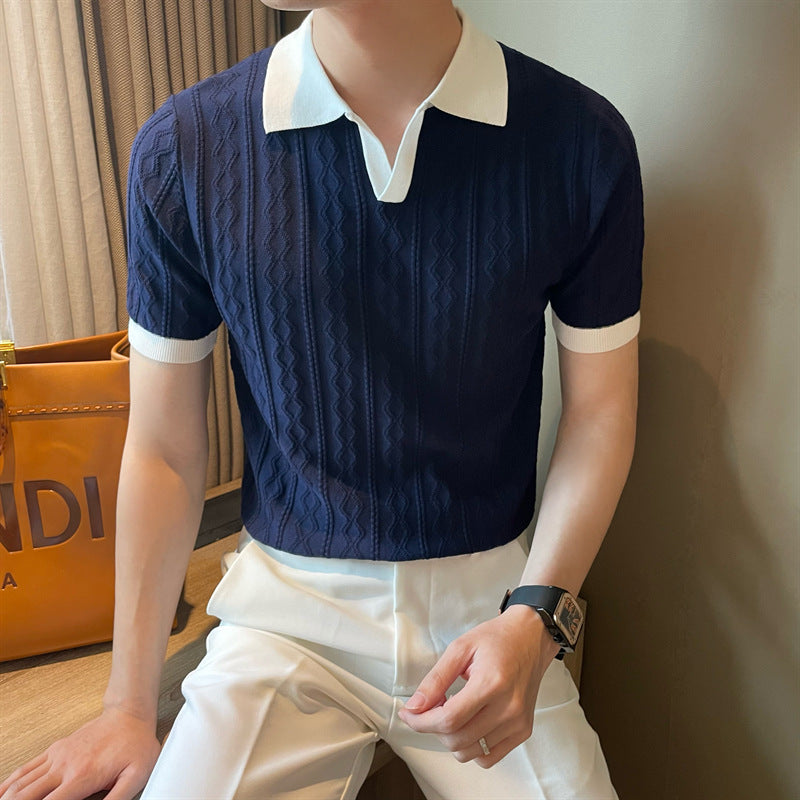 Trendy Men's Polo Shirt V Lapel Stretch Jacquard Texture Slim-fit Short-sleeved Knitted Top