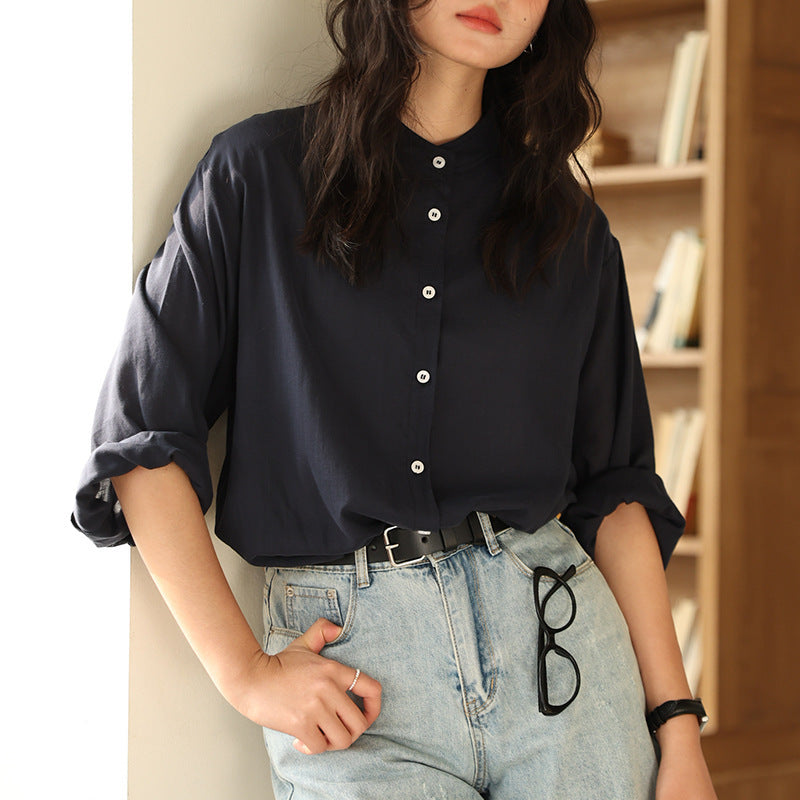 Tencel Linen Stand Collar Shirt Light Thin And Loose Button Top