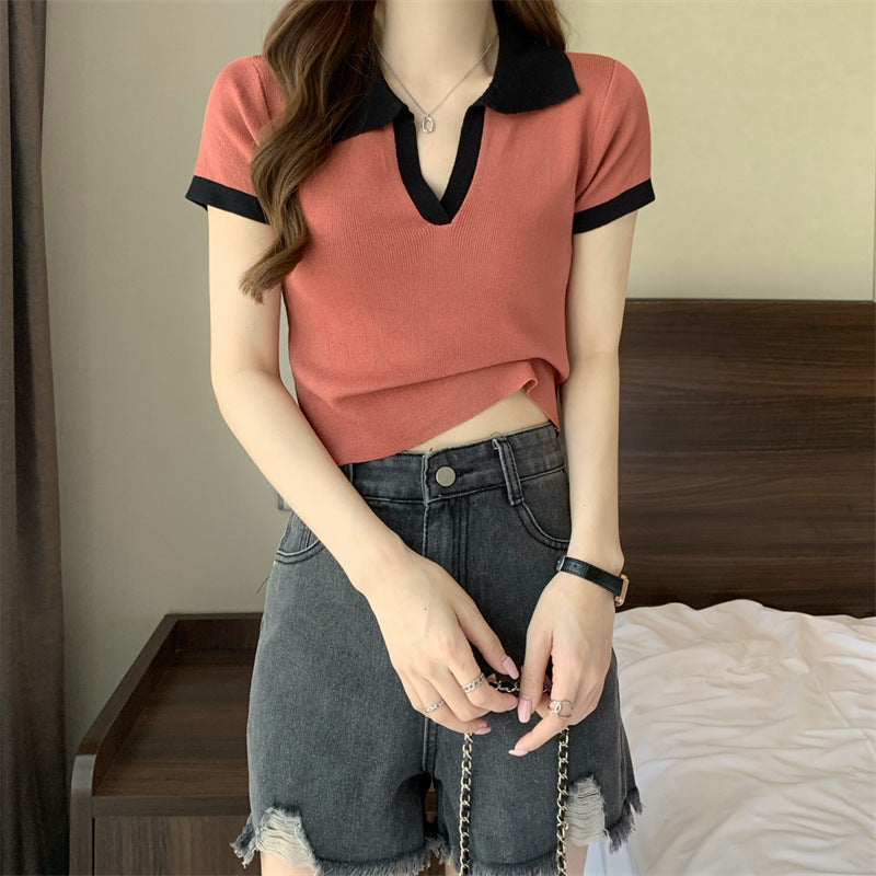 POLO Collar T-shirt Women's Knitted Sweater