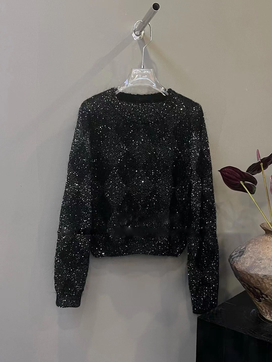 Bead Yarn Rhombus Jacquard Crew Neck Pullover Sweater