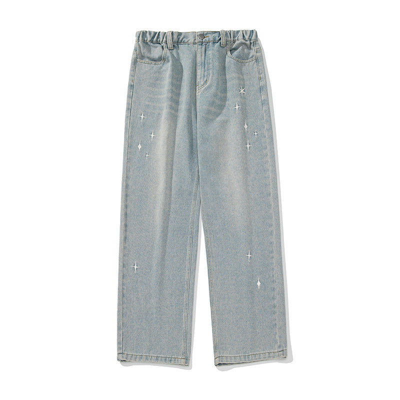 Retro Worn Looking Washed-out Embroidered Jeans Men's Spring New