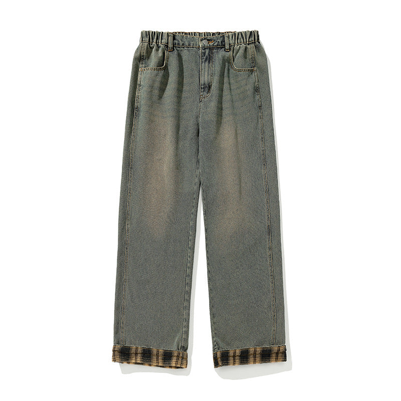 Casual Plaid Stitching Washed Jeans New