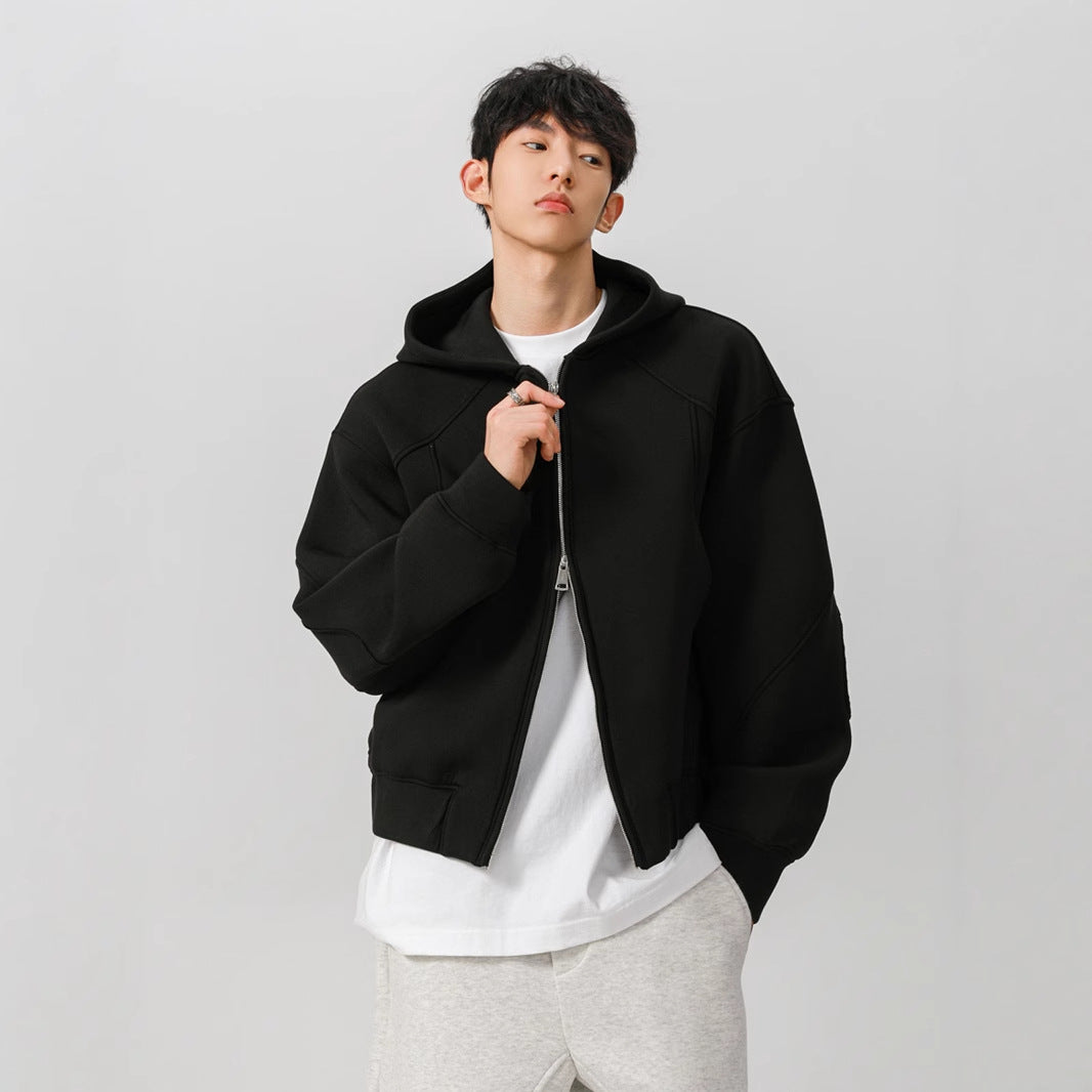 American-style Short Hood Double Zipper Cardigan Sweater