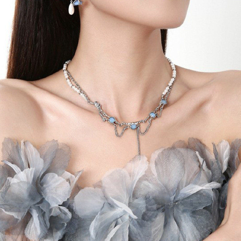 Blue Glass Geometric Necklace Female Chain
