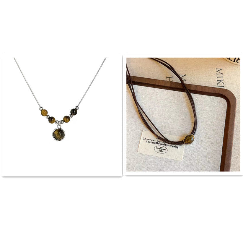 Women's Chinese Retro Leather Tiger Eye Necklace