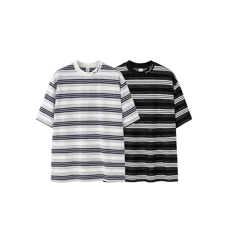 Men's Striped T-shirt Fine Woven Plaid Loose Street Embroidery