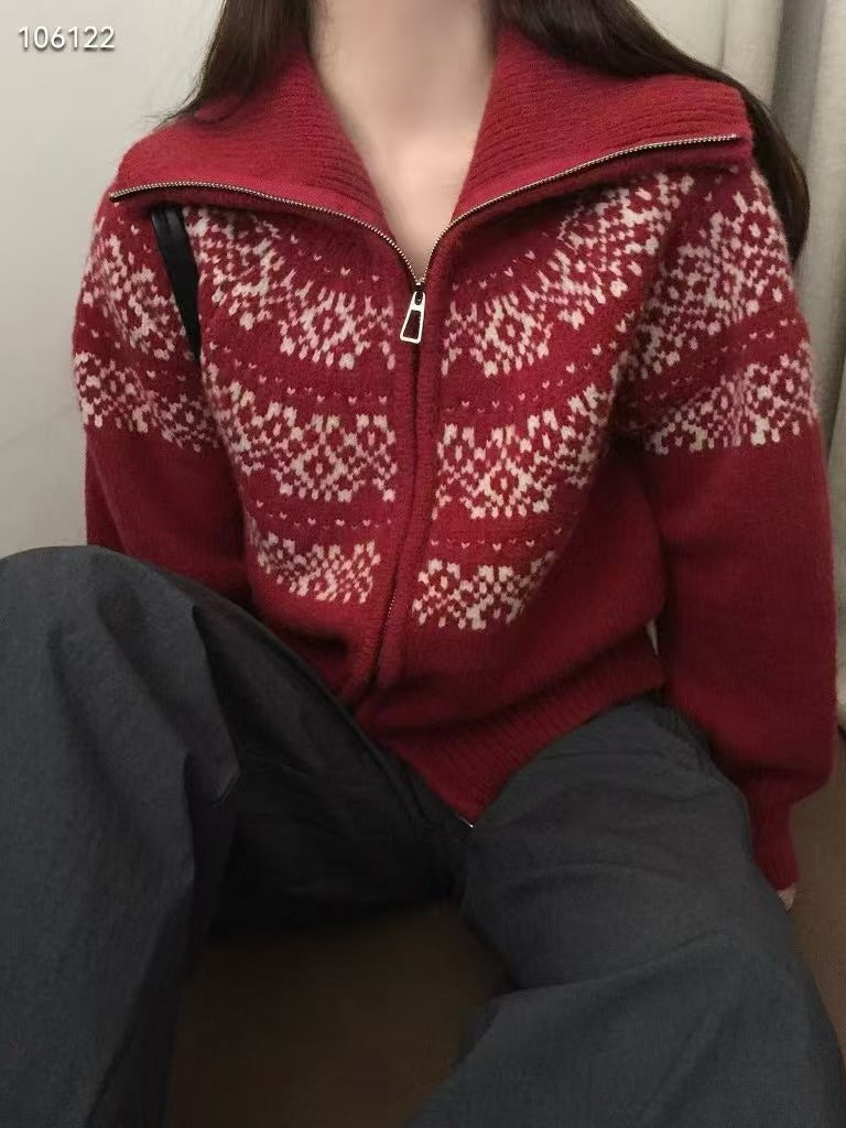 Jacquard Weave Zip Knitted Cardigan Sweater Coat For Women