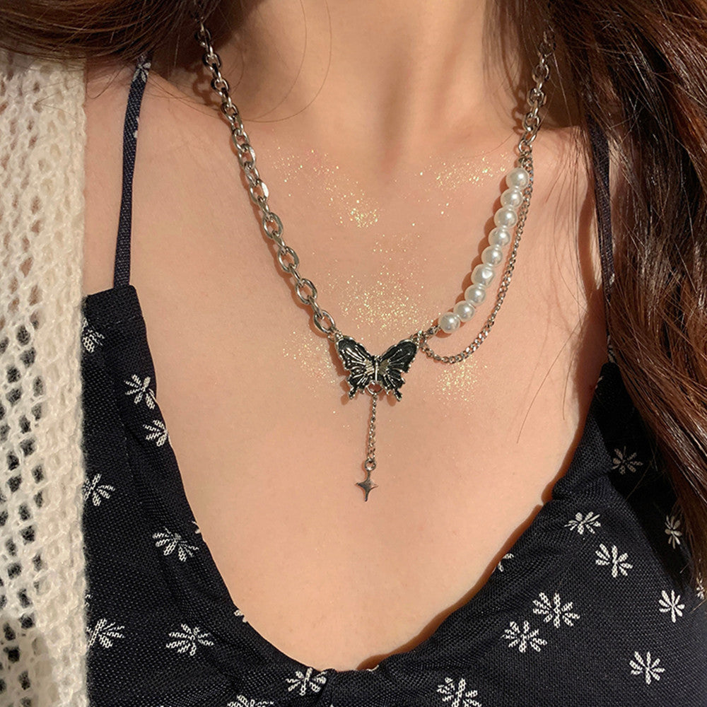 Women's Asymmetric Pearl Butterfly Necklace
