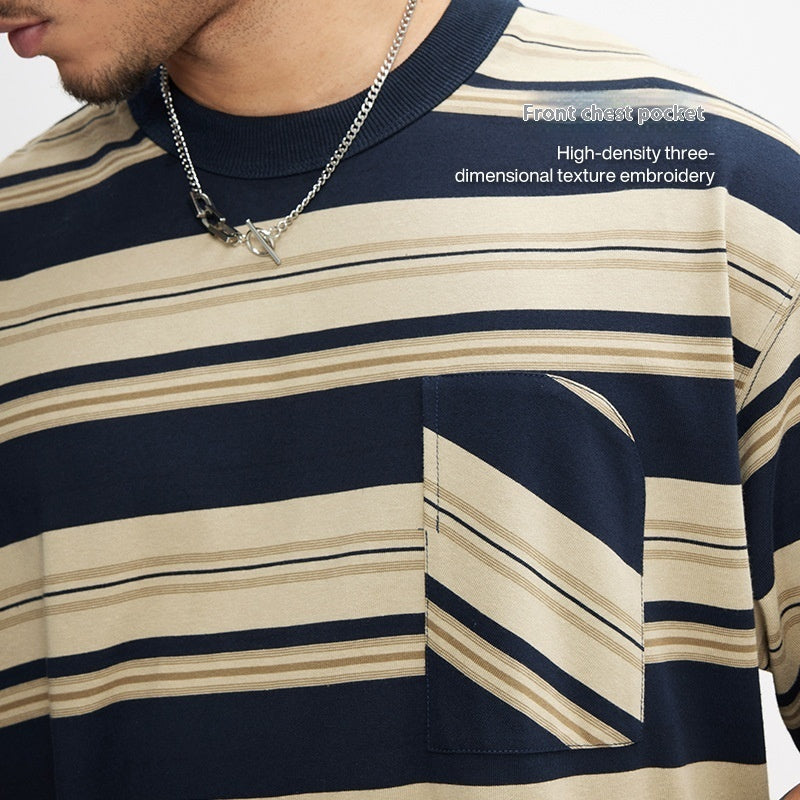 Striped Pocket T-shirt American Style Loose Short Sleeve
