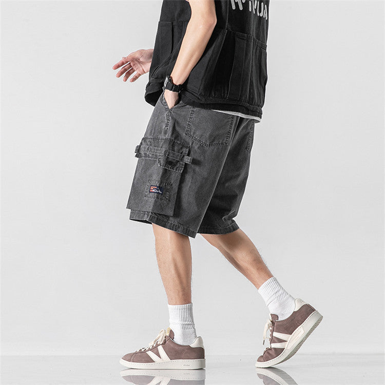 Trend Solid Color Washed Retro Five-point Pants Men