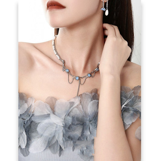 Blue Glass Geometric Necklace Female Chain