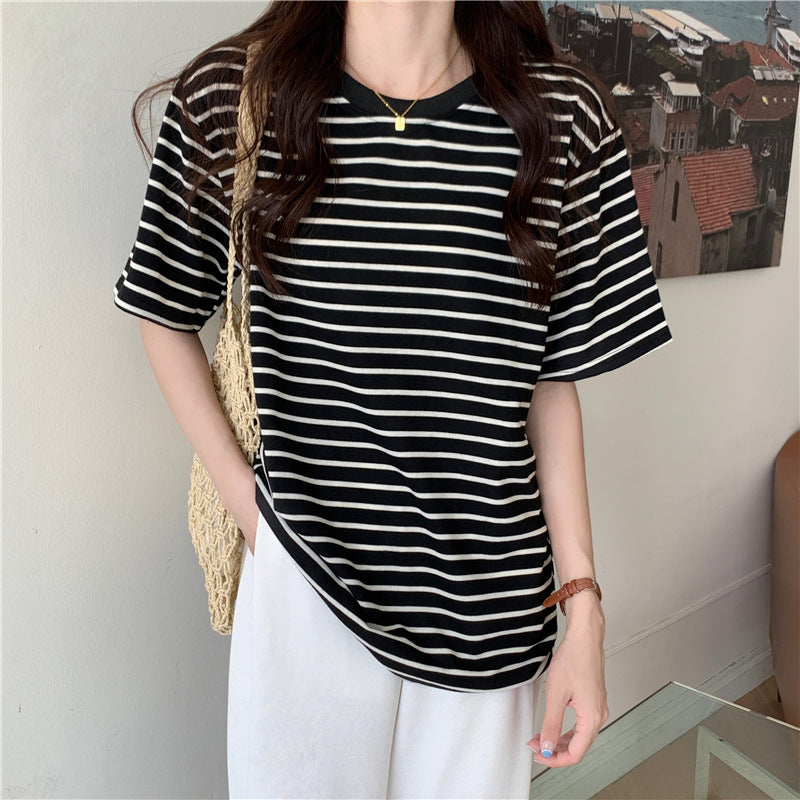 New Korean Style Back Patch Striped Short-sleeved Women's T-shirt