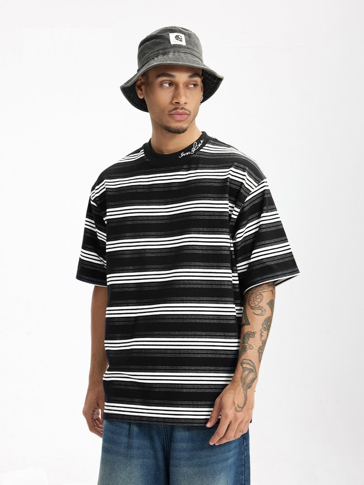 Men's Striped T-shirt Fine Woven Plaid Loose Street Embroidery