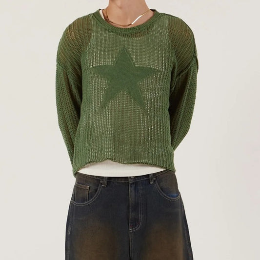 Women's Fashion Five-pointed Star Hollow Out Sweater Loose Casual