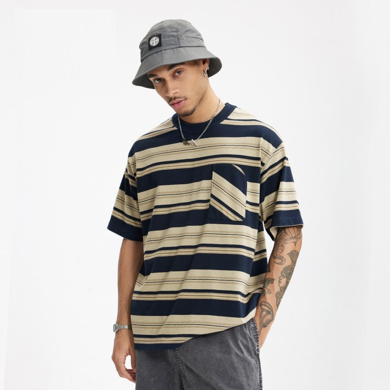 Striped Pocket T-shirt American Style Loose Short Sleeve