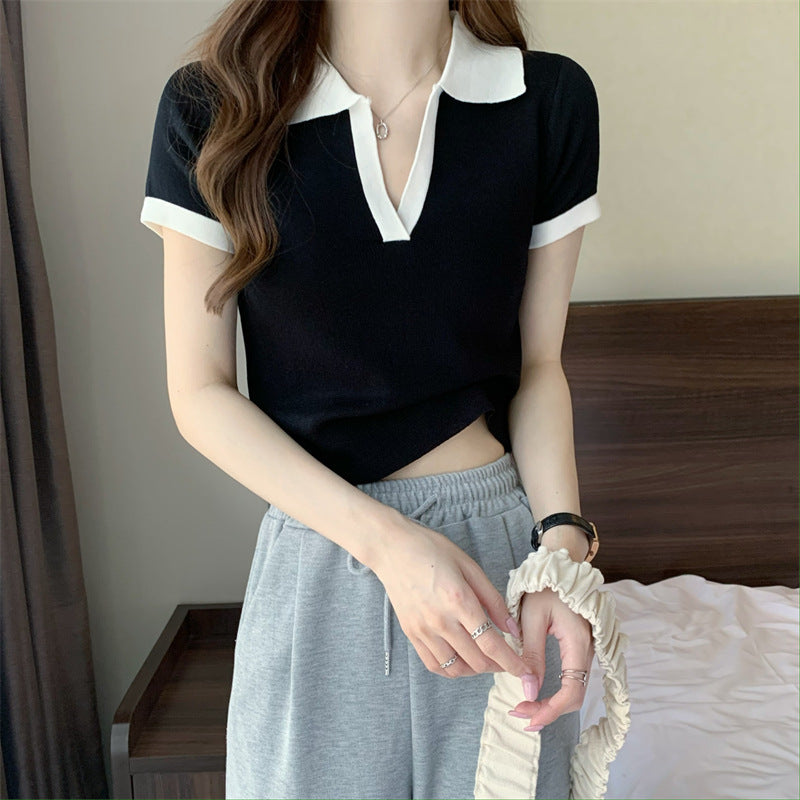 POLO Collar T-shirt Women's Knitted Sweater