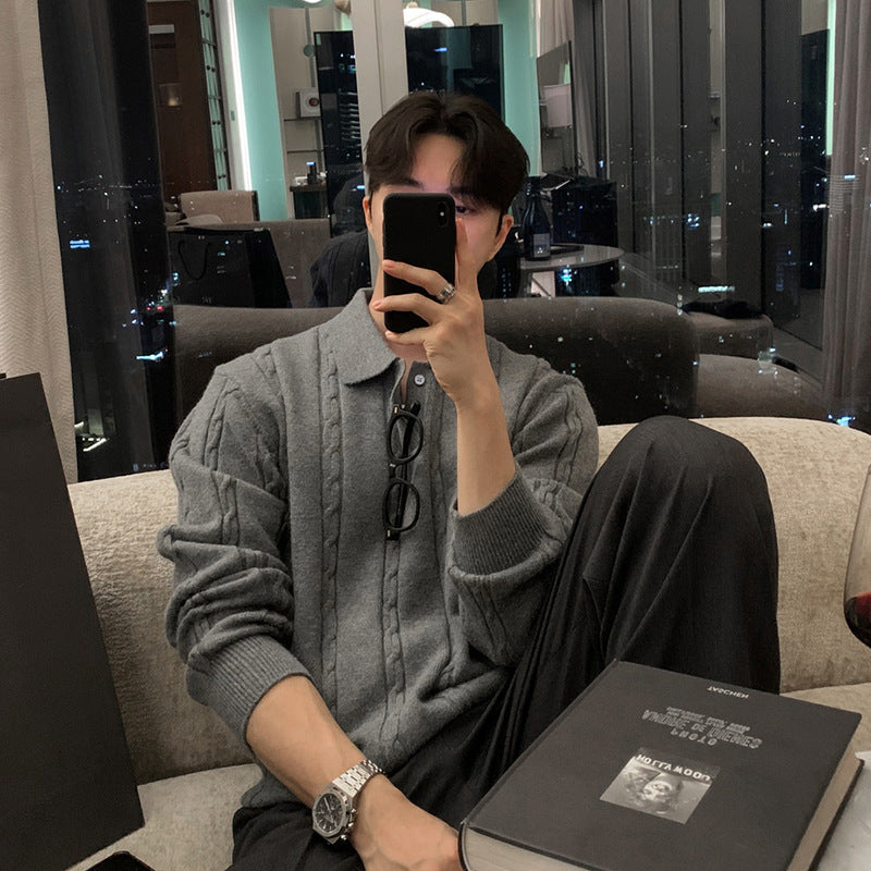 Winter Warm Lapel Sweater Men's Korean Style Handsome High Sense