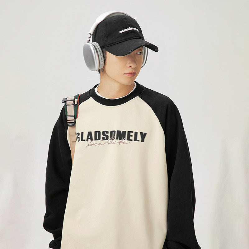 Color Contrast Patchwork Raglan Sleeve Round Neck Sweater Men's Autumn And Winter American Style