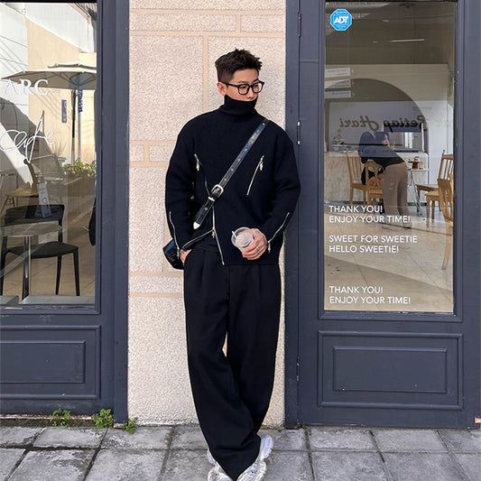 Men's Winter Solid Color Lapel High Collar Sweater