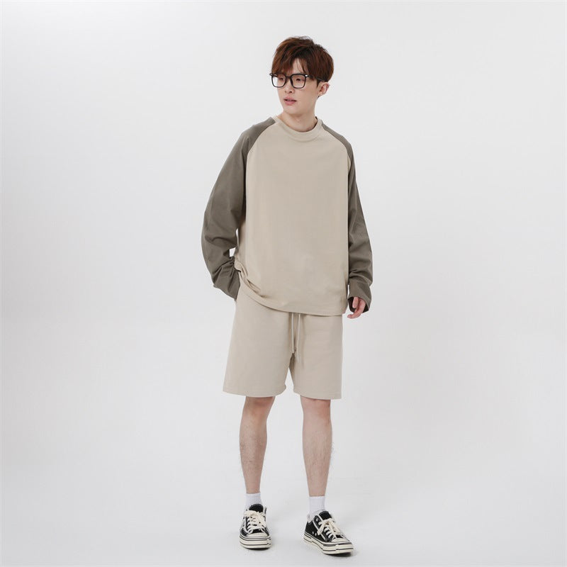 Heavy Long-sleeved T-shirt Cotton Crew Neck Color-block Raglan Sleeves Bottoming Shirt
