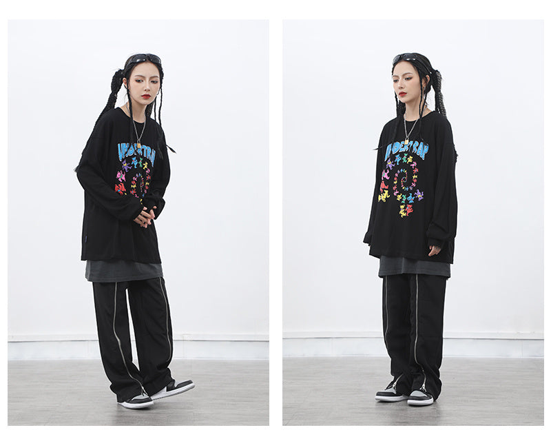 Dark zipper wide-leg pants