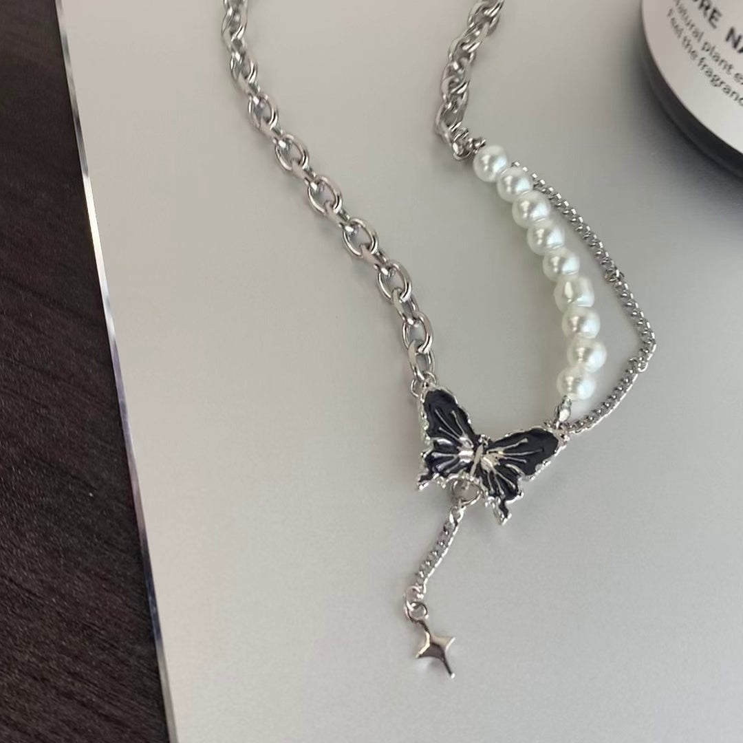 Women's Asymmetric Pearl Butterfly Necklace