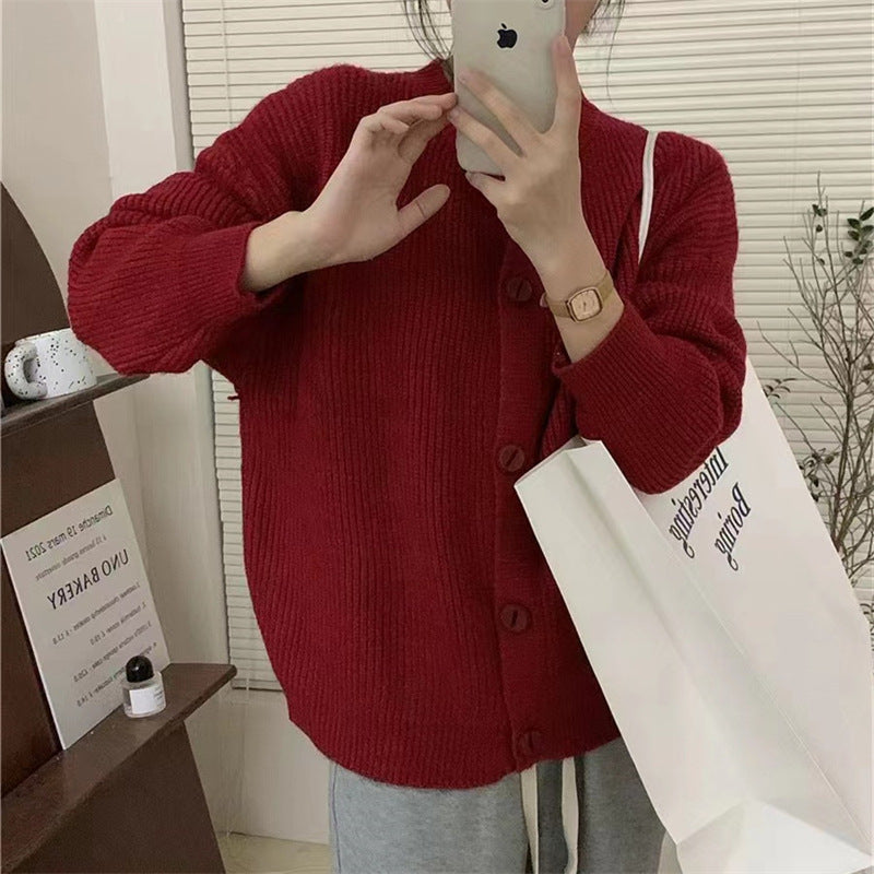 Korean Style Lazy Style Solid Color Single-breasted Knitted Cardigan