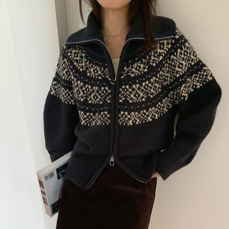 Jacquard Weave Zip Knitted Cardigan Sweater Coat For Women