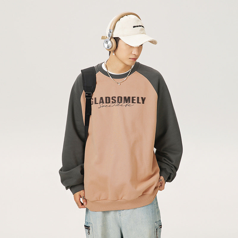 Color Contrast Patchwork Raglan Sleeve Round Neck Sweater Men's Autumn And Winter American Style