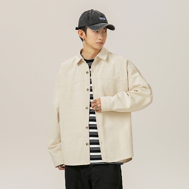 Textured Stone Washed Cotton Long-sleeved Shirt Autumn Retro Split Stitching Design