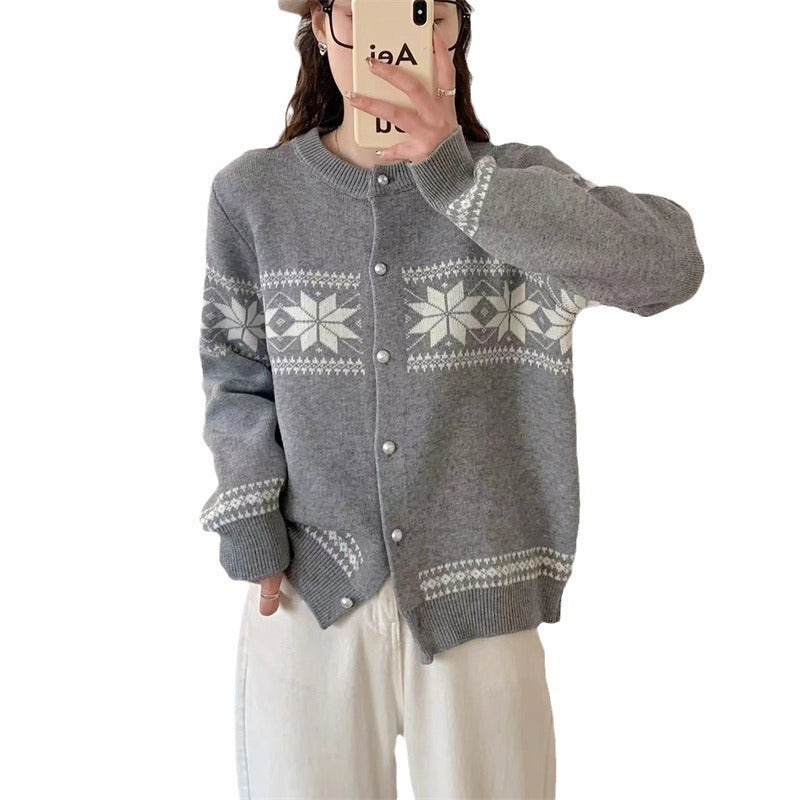 Women's Korean-style Contrasting Color Jacquard Knitted Cardigan