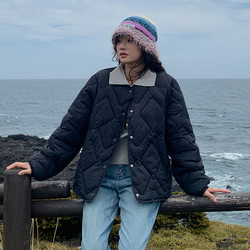 Korean Style Down Cotton Jacket Women's Short Light Round Neck