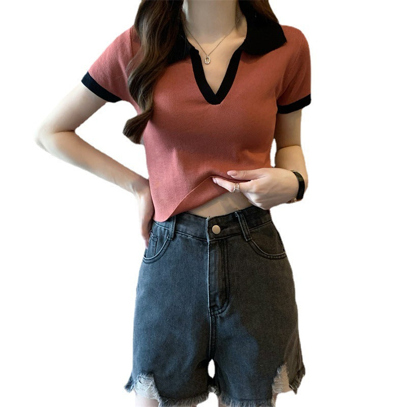 POLO Collar T-shirt Women's Knitted Sweater