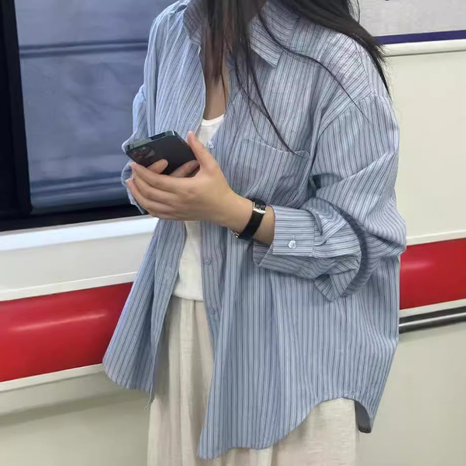 Loose And Idle Design Sense Niche Long Sleeve Striped Shirt