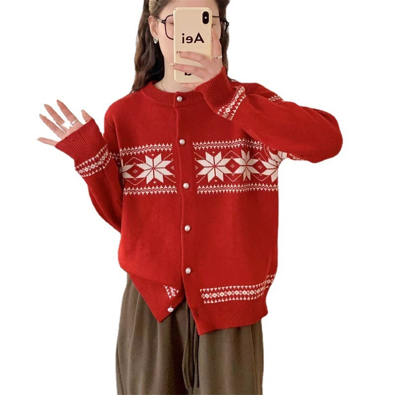 Women's Korean-style Contrasting Color Jacquard Knitted Cardigan