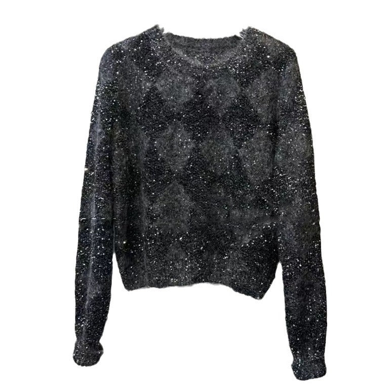 Bead Yarn Rhombus Jacquard Crew Neck Pullover Sweater