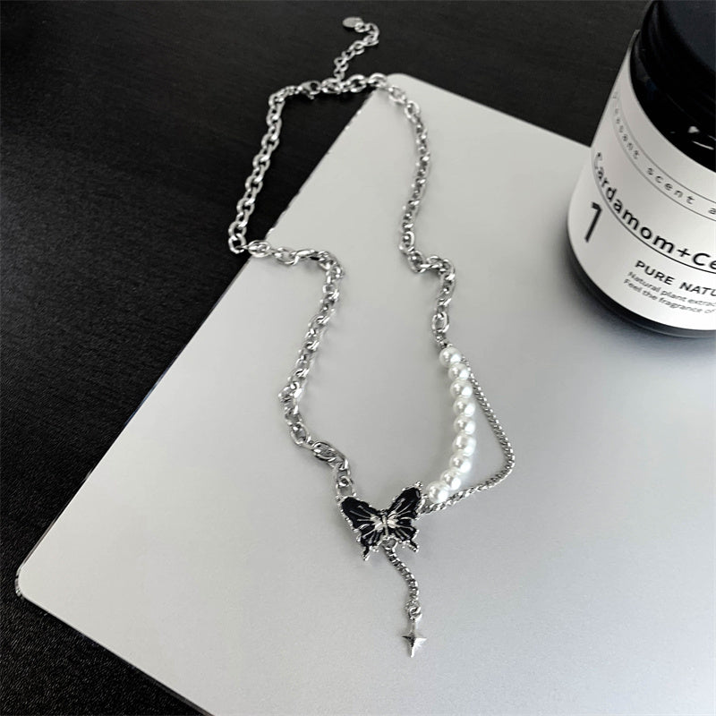 Women's Asymmetric Pearl Butterfly Necklace