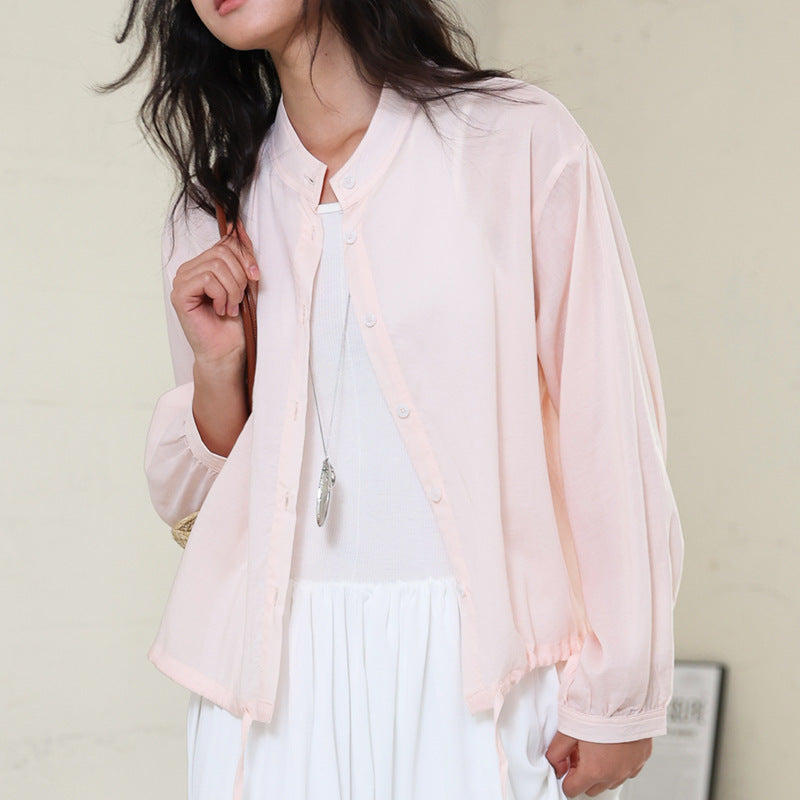 Tencel Linen Stand Collar Shirt Light Thin And Loose Button Top