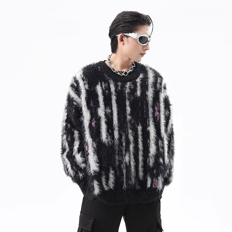 High Street Contrast Color Vertical Stripes Round Neck Autumn Winter Retro Lazy And Loose Mink-like Sweater