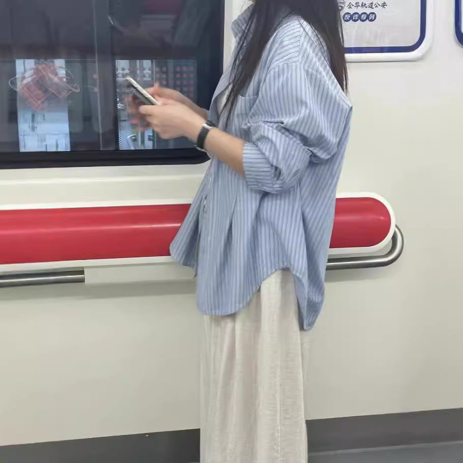 Loose And Idle Design Sense Niche Long Sleeve Striped Shirt