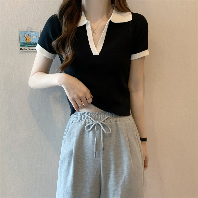 POLO Collar T-shirt Women's Knitted Sweater