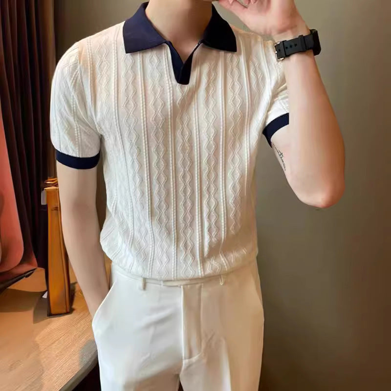 Trendy Men's Polo Shirt V Lapel Stretch Jacquard Texture Slim-fit Short-sleeved Knitted Top