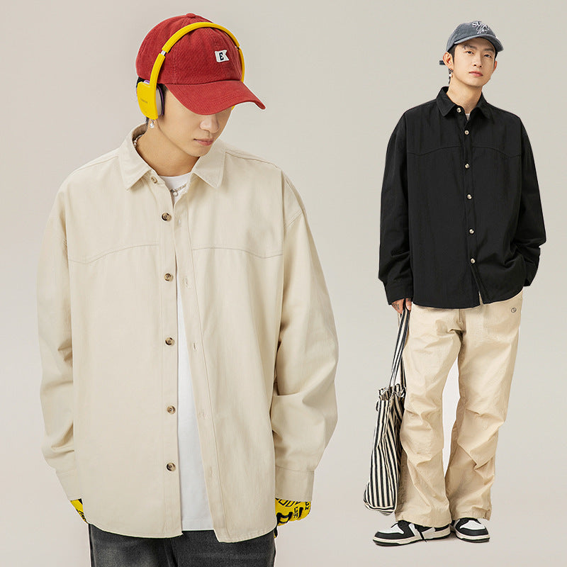 Textured Stone Washed Cotton Long-sleeved Shirt Autumn Retro Split Stitching Design