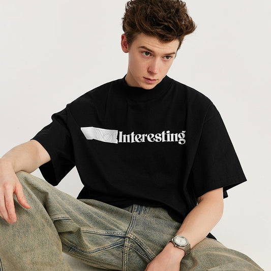 American-style Small Turtleneck Tape T-shirt Silicone Letter Print Loose Short Sleeve