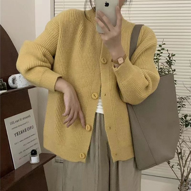 Korean Style Lazy Style Solid Color Single-breasted Knitted Cardigan