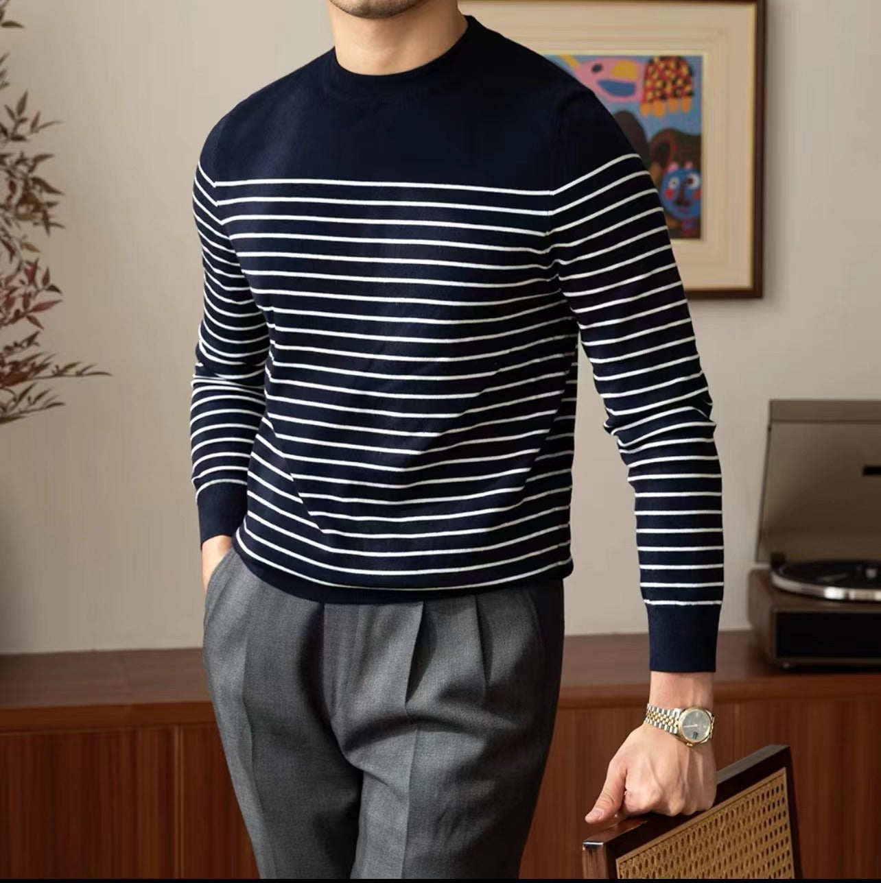Business Commute Striped Design Contrast Color Long Sleeves Knitwear