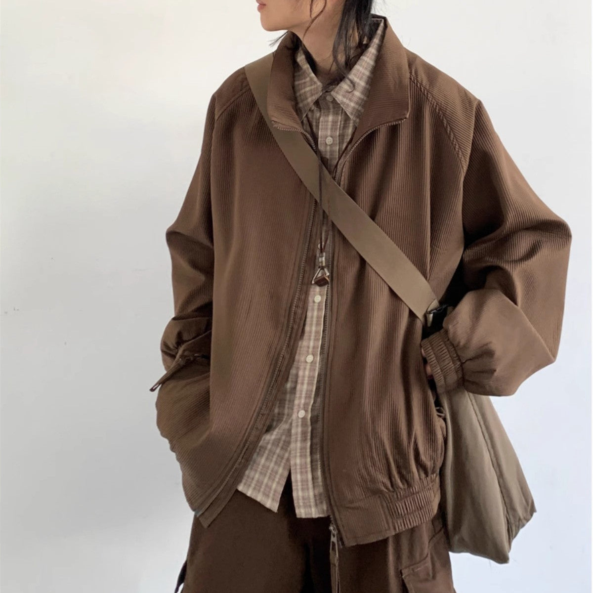 Japanese-style Retro Loose Lapel Raglan Sleeve Zipper Jacket