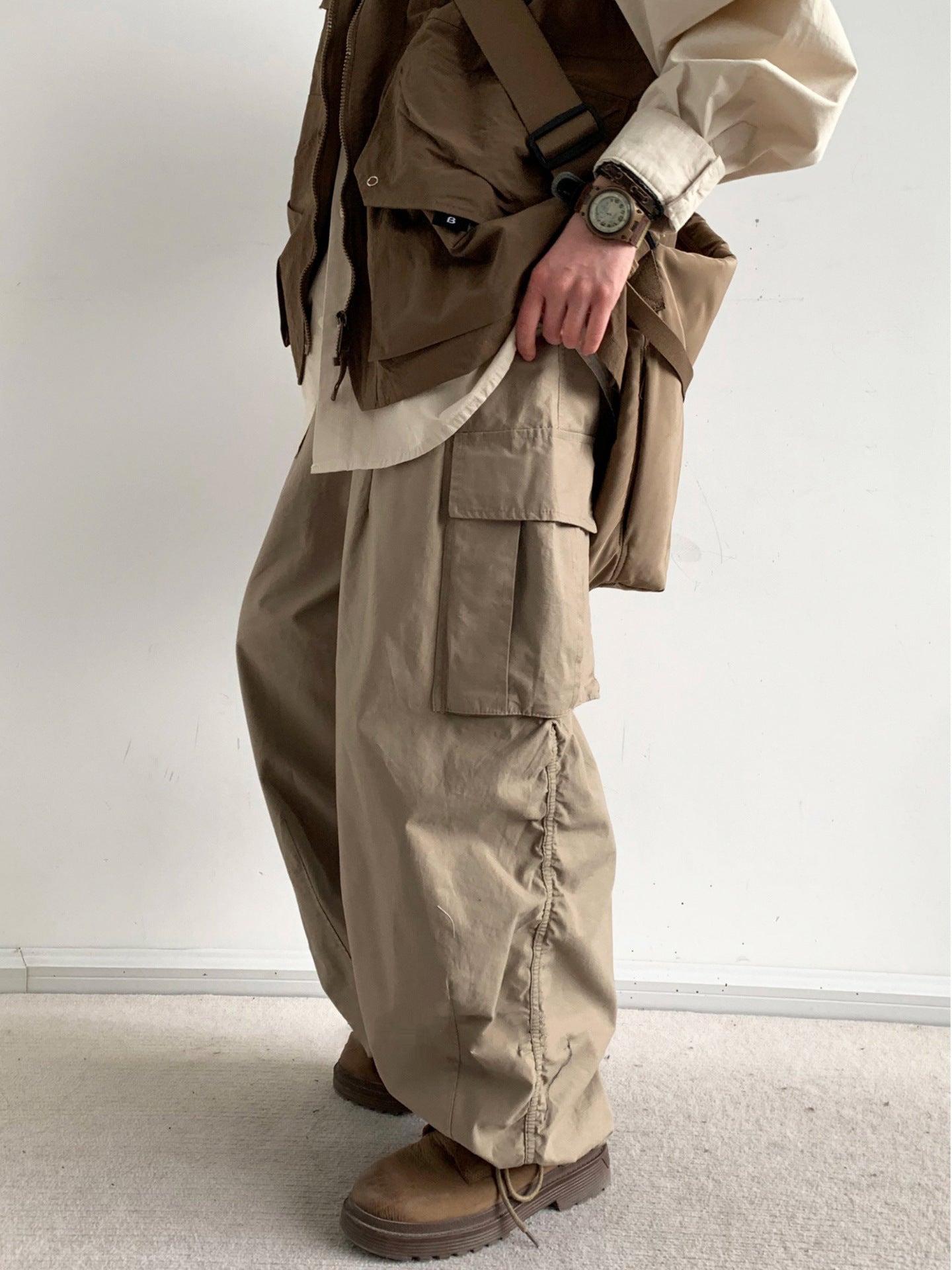 Japanese-style Retro Loose Wide-leg Workwear Trousers Thin