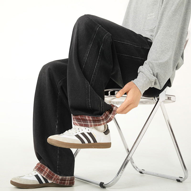 Casual Plaid Stitching Washed Jeans New